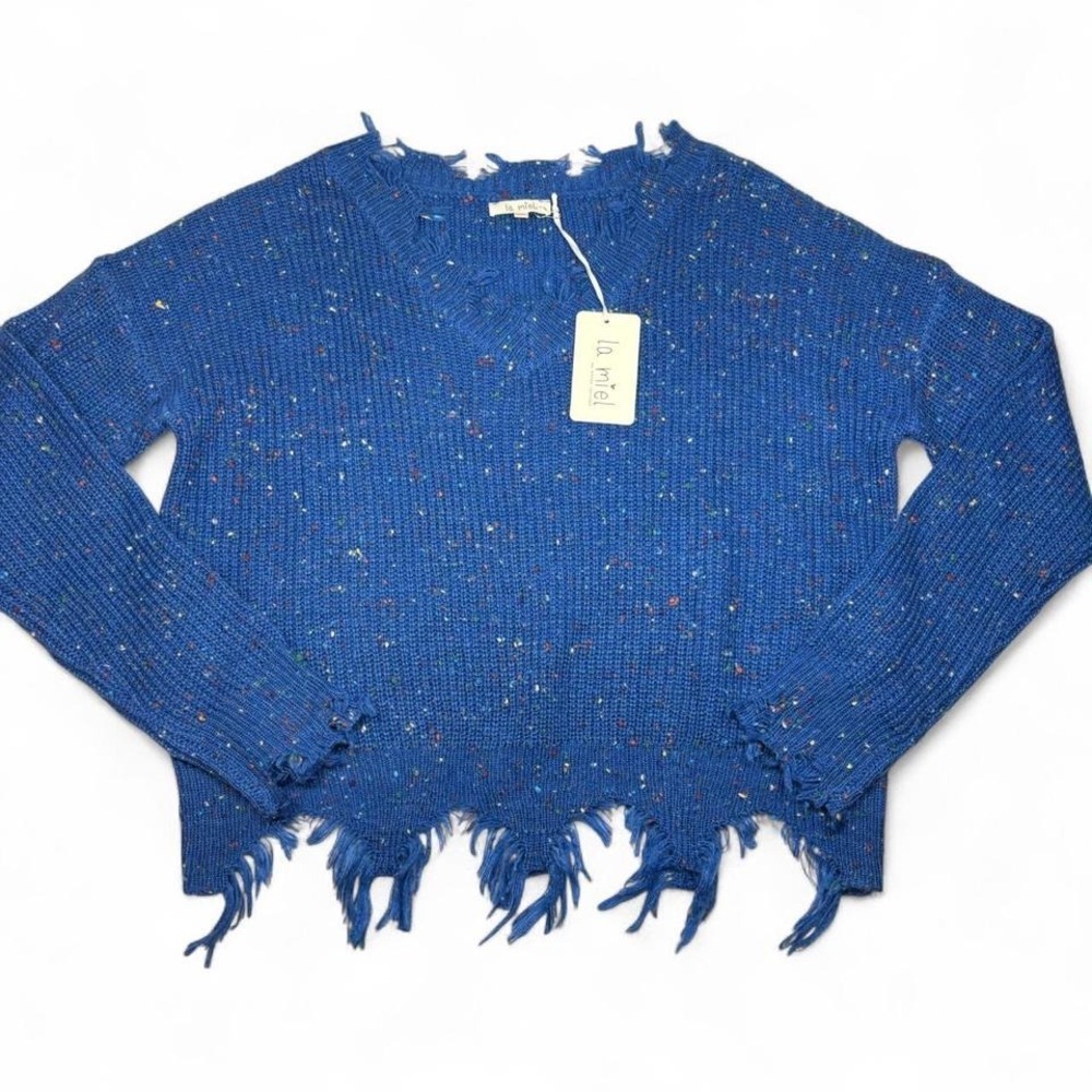 La Miel Womens M L Blue Pullover Destructed Fringe Crop Sweater Grunge Boho NWT